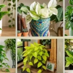 Collage of popular pothos varieties growing indoors in decorative pots