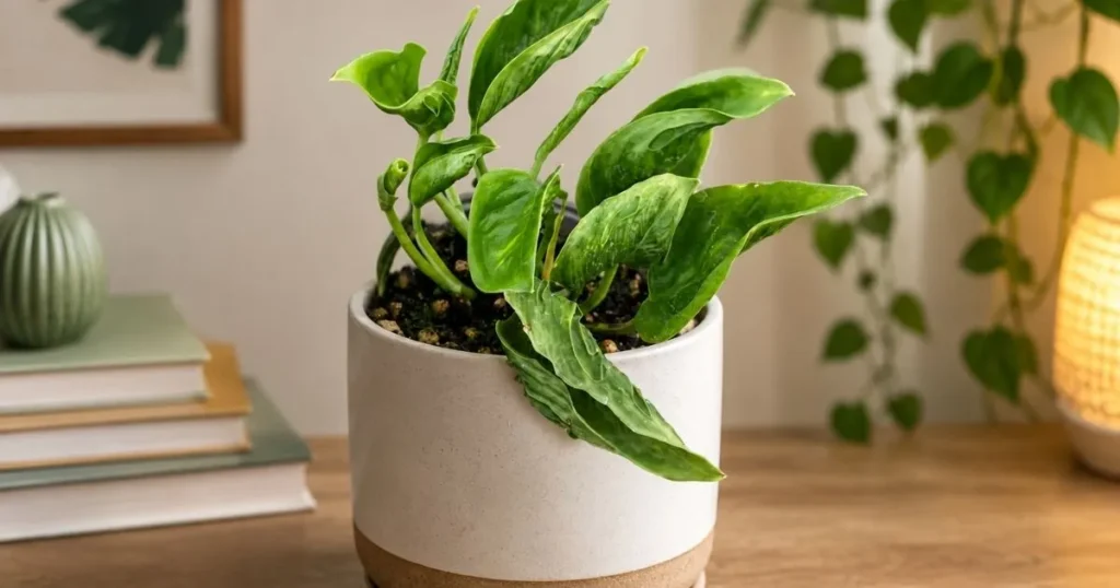 Shangri-La Pothos variety with curled twisted green leaves indoors