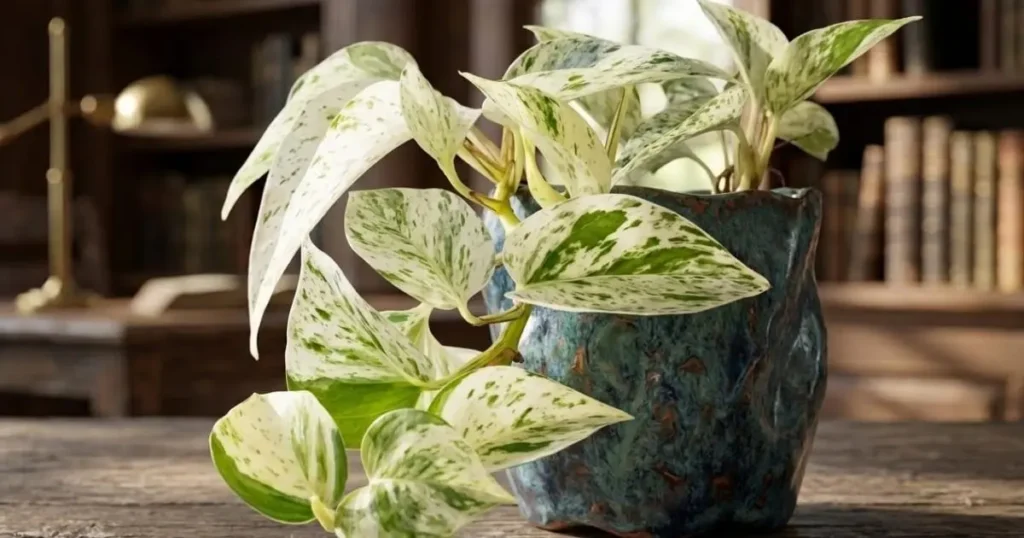 Snow Queen Pothos with heavily white variegated leaves indoors