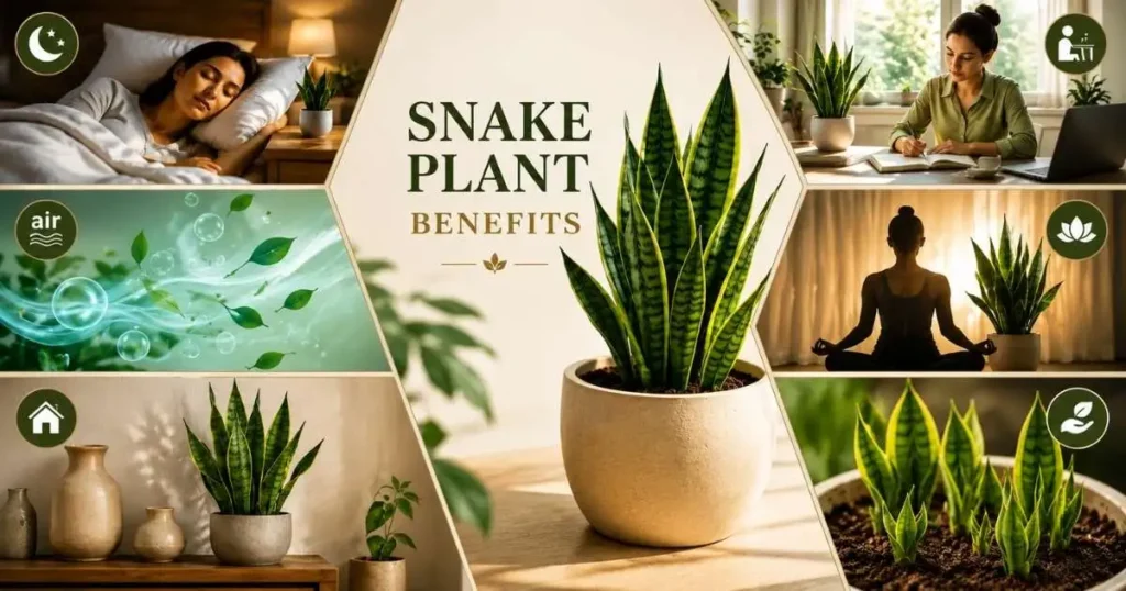 Snake plant benefits infographic showing air purification, bedroom support, focus, indoor wellness, propagation, and home decor advantages