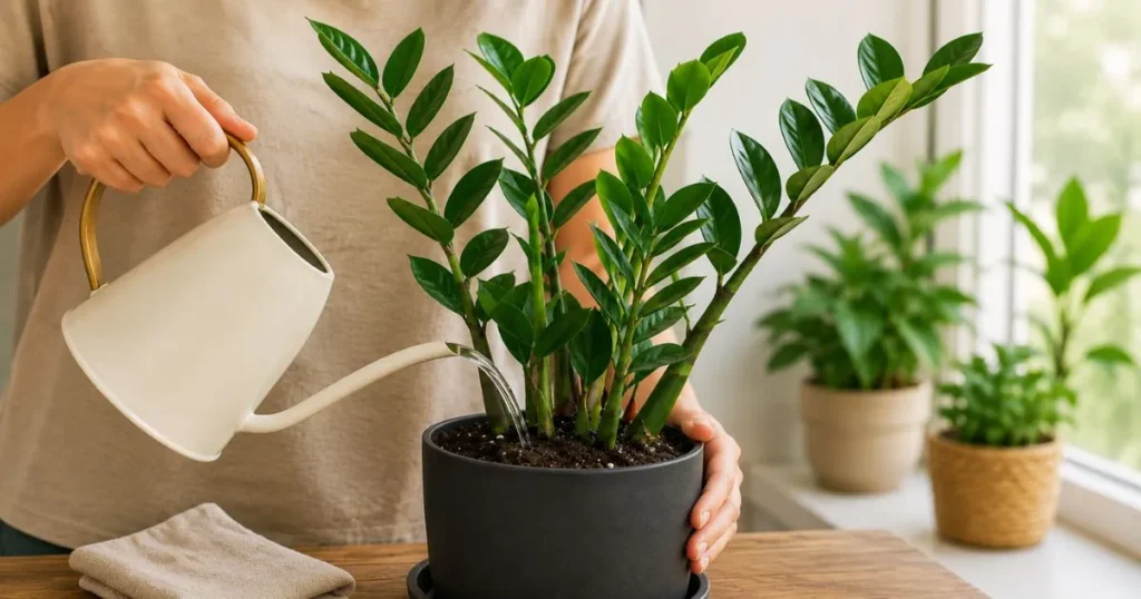 Person watering a healthy ZZ plant indoors with a watering can