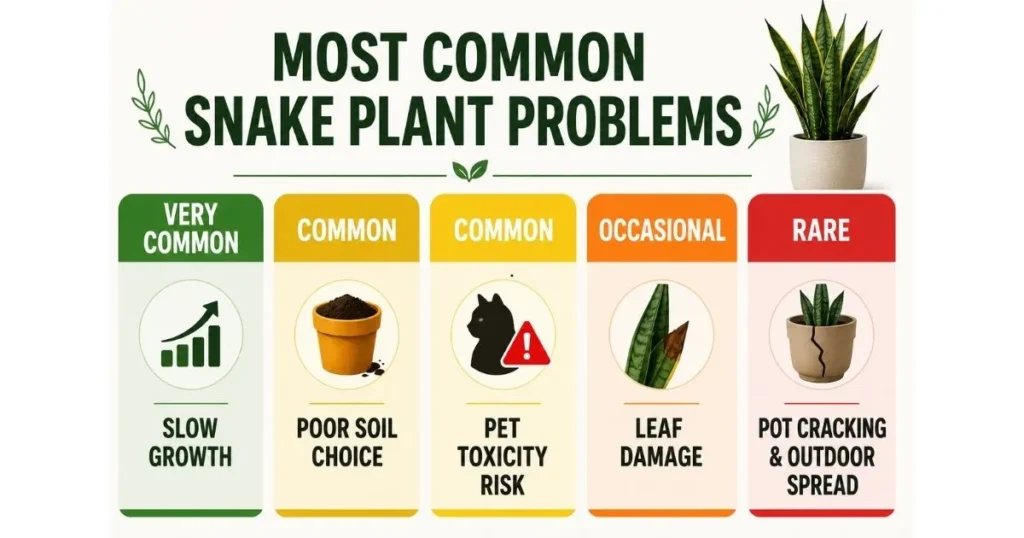 Infographic showing the most common snake plant problems including slow growth, poor soil choice, pet toxicity risk, leaf damage, and pot cracking.