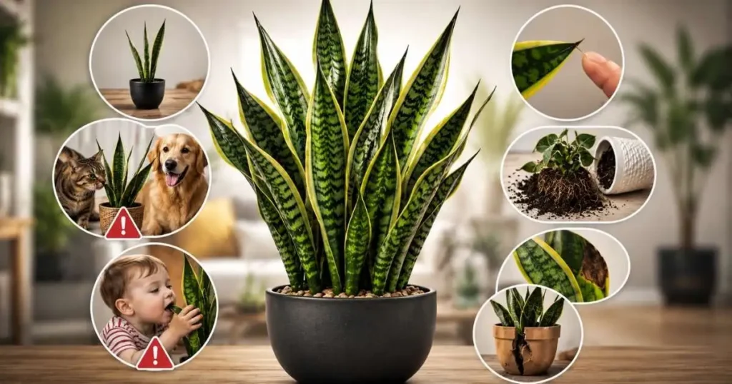 Snake plant disadvantages including slow growth, pet toxicity, sharp leaf tips, leaf damage, and pot-related problems.