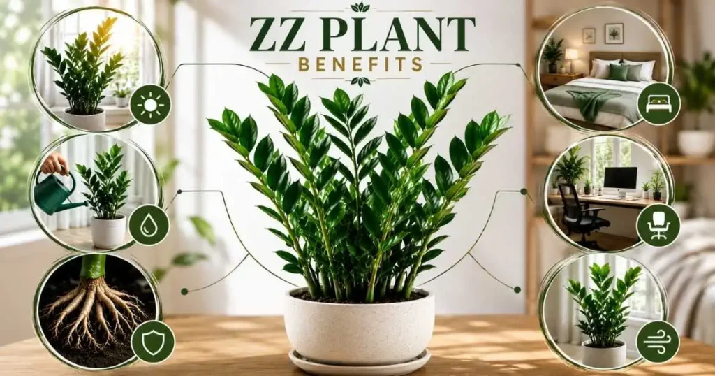 Healthy ZZ plant showing key benefits for homes, offices, and indoor spaces