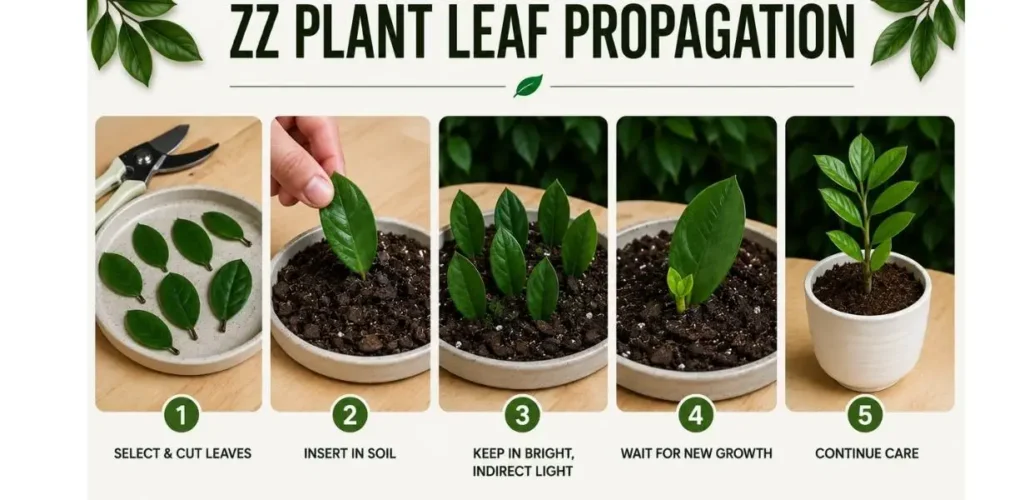 Step-by-step process of growing a new ZZ plant from healthy leaf cuttings