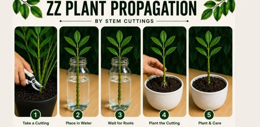 Five-step guide showing a ZZ plant stem cutting rooting in water and being planted in soil