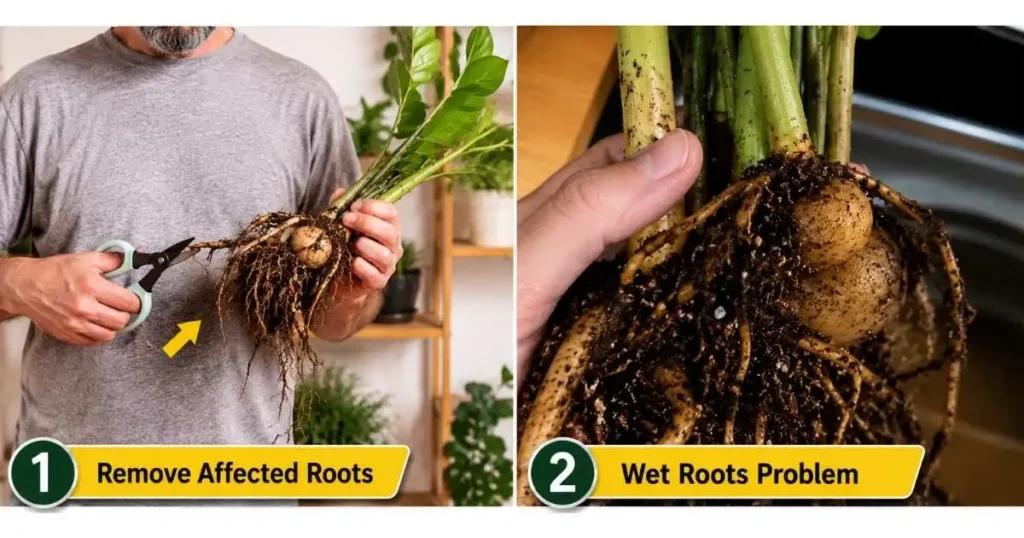 ZZ plant root rot recovery showing affected roots being trimmed and wet roots around the rhizomes