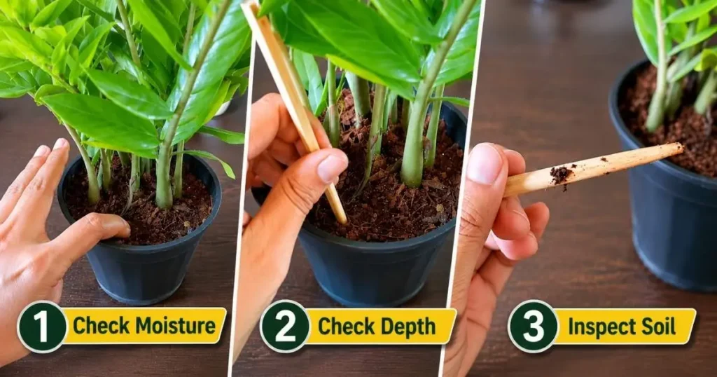 Checking ZZ plant soil moisture with finger and wooden skewer before watering