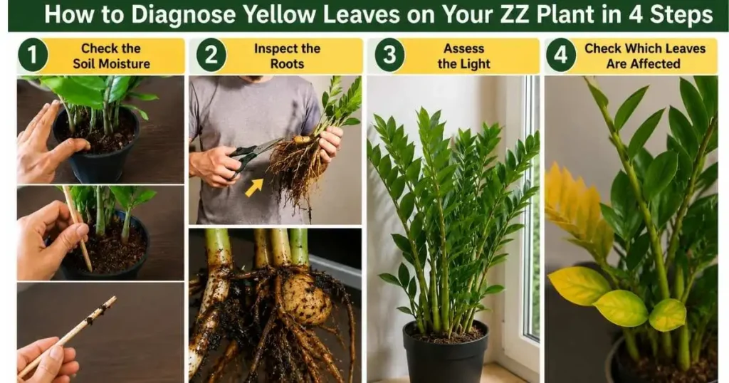 4-step infographic showing how to diagnose yellow leaves on a ZZ plant by checking soil moisture, roots, light, and affected leaves