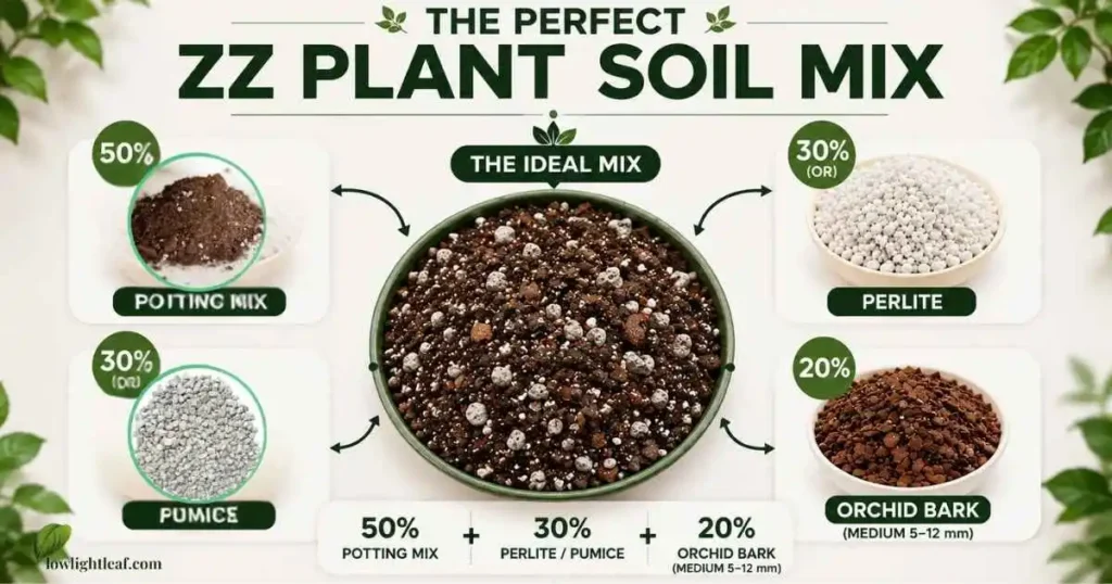 Infographic showing the best soil mix for ZZ plant with 50% potting mix, 30% perlite or pumice, and 20% orchid bark.