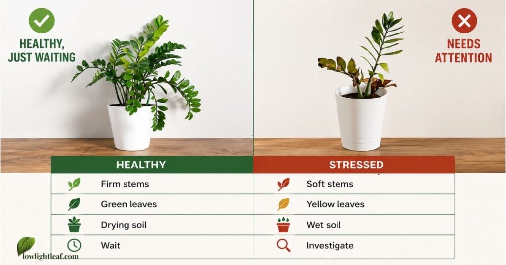 Healthy ZZ plant compared with a stressed ZZ plant showing firm stems, green leaves, yellow leaves, soft stems, and wet soil