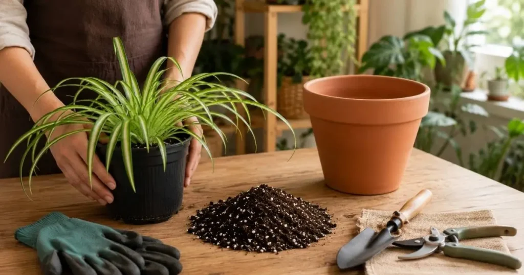 Spider plant repotting setup with a new pot, fresh potting mix, and gardening tools