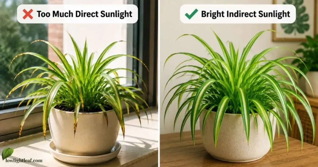 Spider plant with brown tips in direct sunlight compared to healthy spider plant in bright indirect light