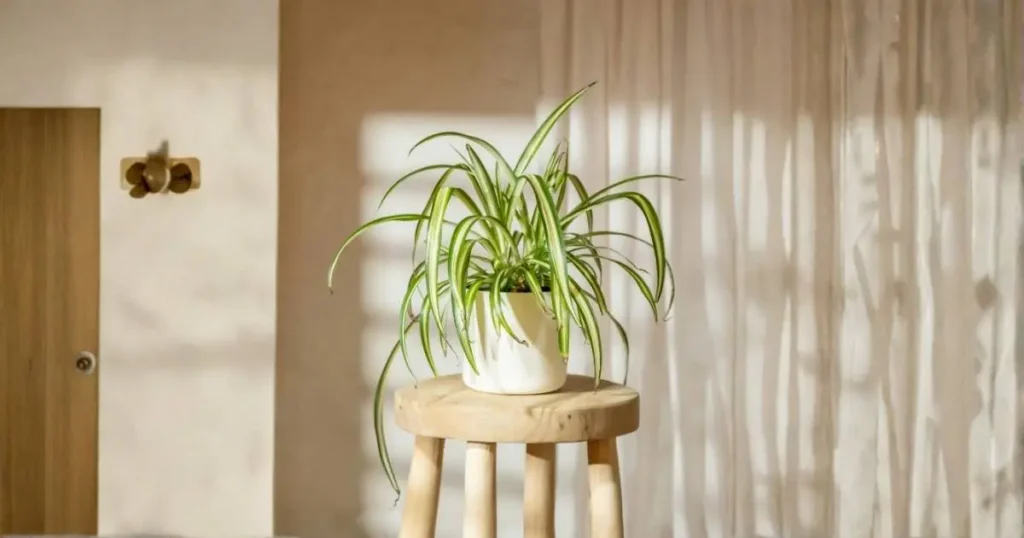 Spider plant exposed to direct sunlight indoors near a window