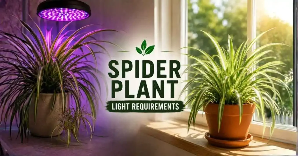 Spider plant light requirements showing natural window light and an LED grow light