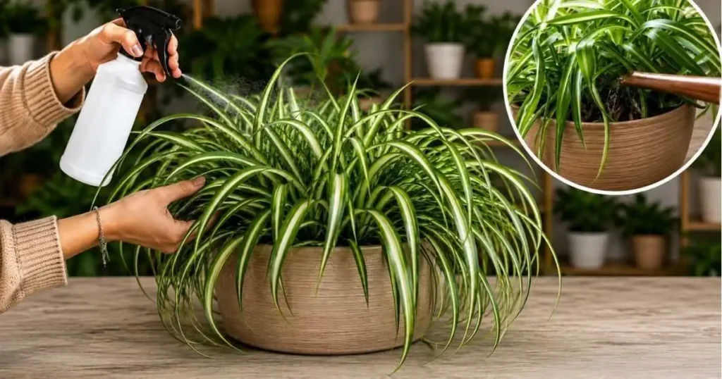 Spider plant being watered with a close-up of water applied to the potting soil