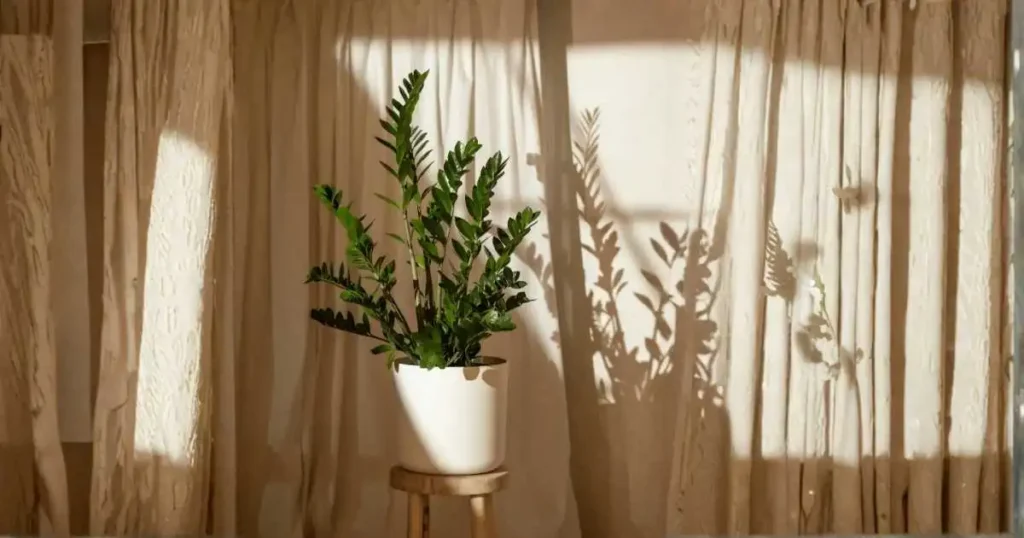 ZZ plant in direct sunlight near a window with strong leaf shadows