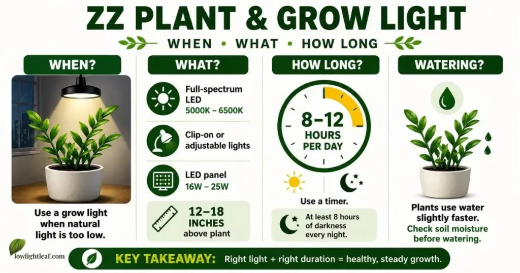 ZZ plant grow light guide showing LED type, 12 to 18 inch distance, and 8 to 12 hours of daily light