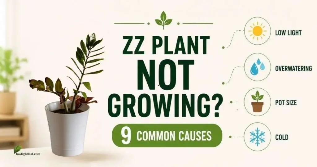 ZZ plant not growing with common causes including low light, overwatering, pot size, and cold temperatures