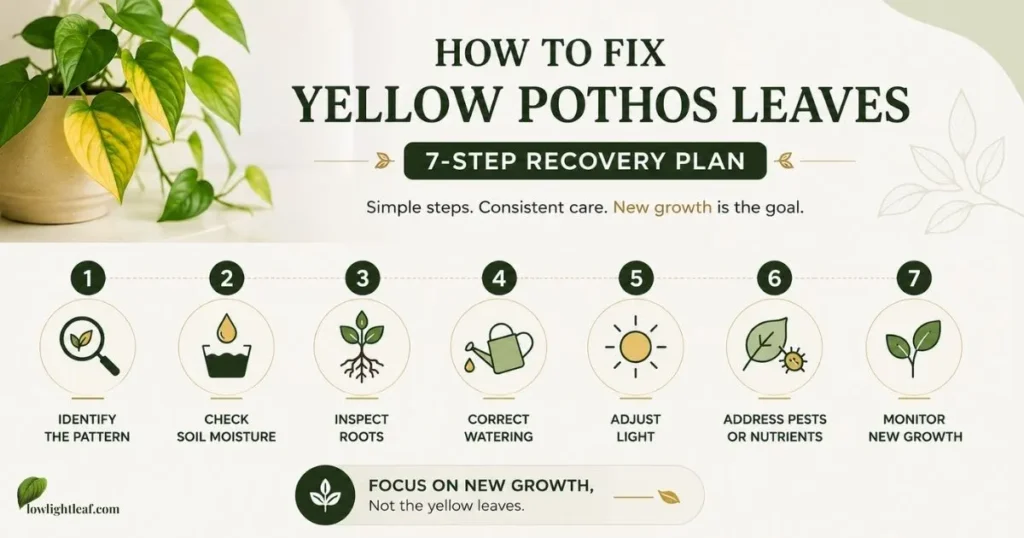 7-step recovery plan for yellow Pothos leaves