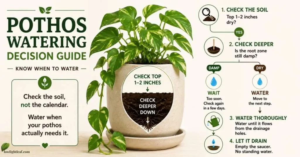 Pothos watering decision guide showing when to check soil and water