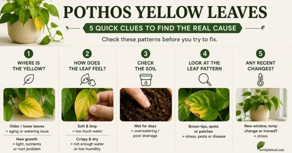 Pothos yellow leaves diagnosis infographic with five quick clues