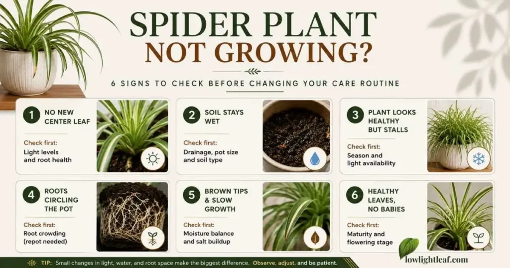 Spider plant not growing infographic showing 6 signs to check, including light, wet soil, root crowding, brown tips, and lack of babies