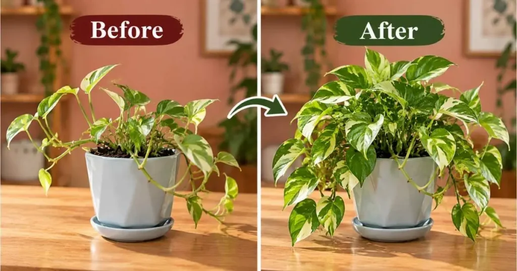 Illustrative before and after comparison of sparse and fuller variegated Pothos growth