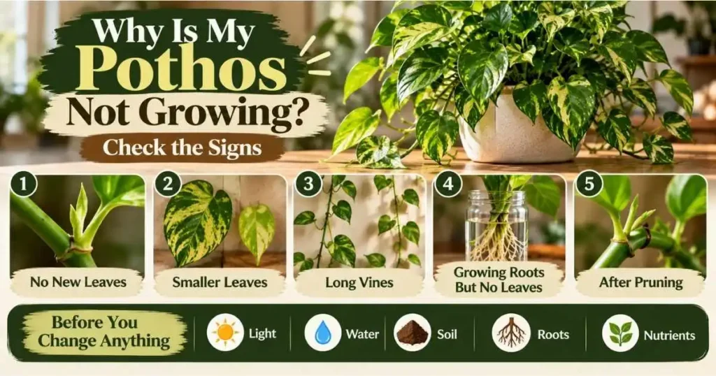 Pothos not growing symptoms including no new leaves, smaller leaves, long vines, root growth, and pruning