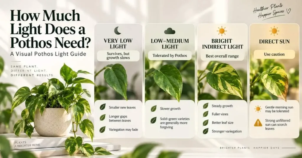 Pothos plant light requirement guide showing very low, low-medium, bright indirect, and direct sun
