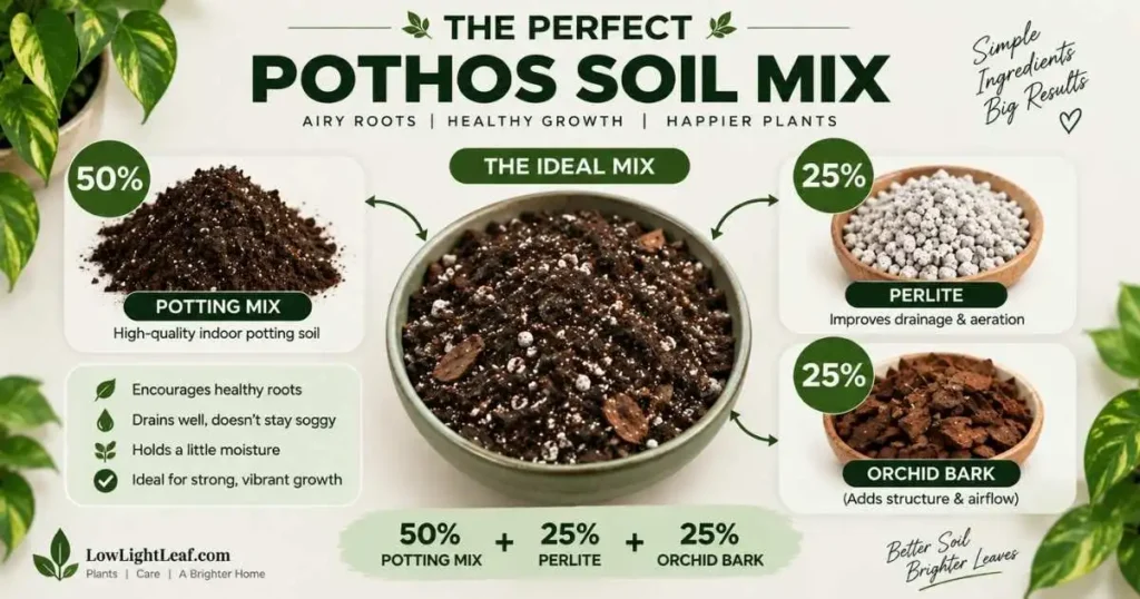 Best soil mix for Pothos with 50% potting mix, 25% perlite, and 25% orchid bark