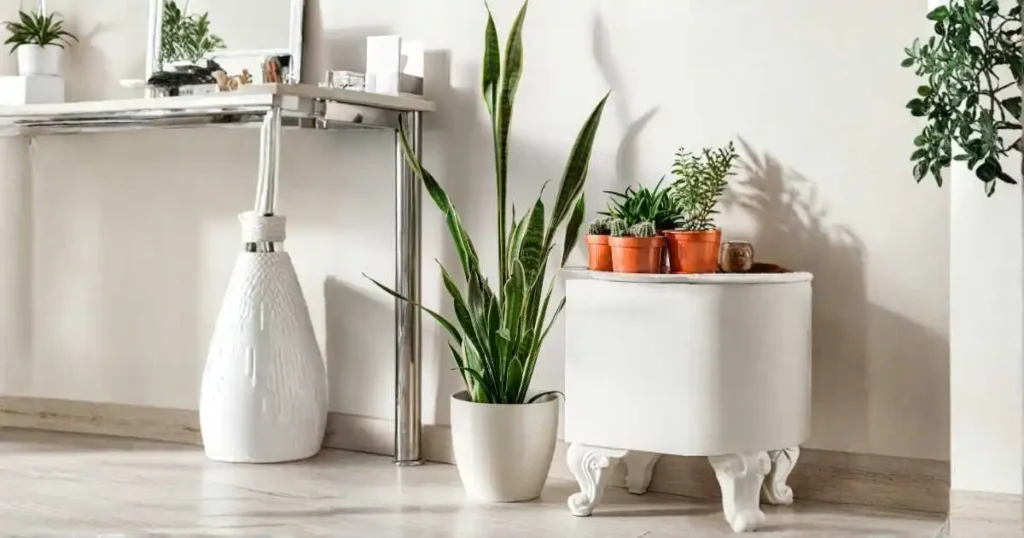 Tall Laurentii snake plant in a white floor planter beside a console table