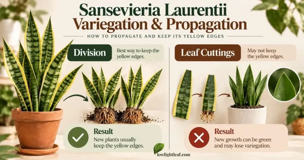 Sansevieria Laurentii variegation and propagation by division and leaf cuttings