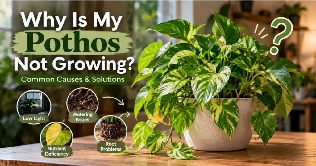 Pothos plant not growing with common causes including low light, watering issues, nutrient deficiency, and root problems