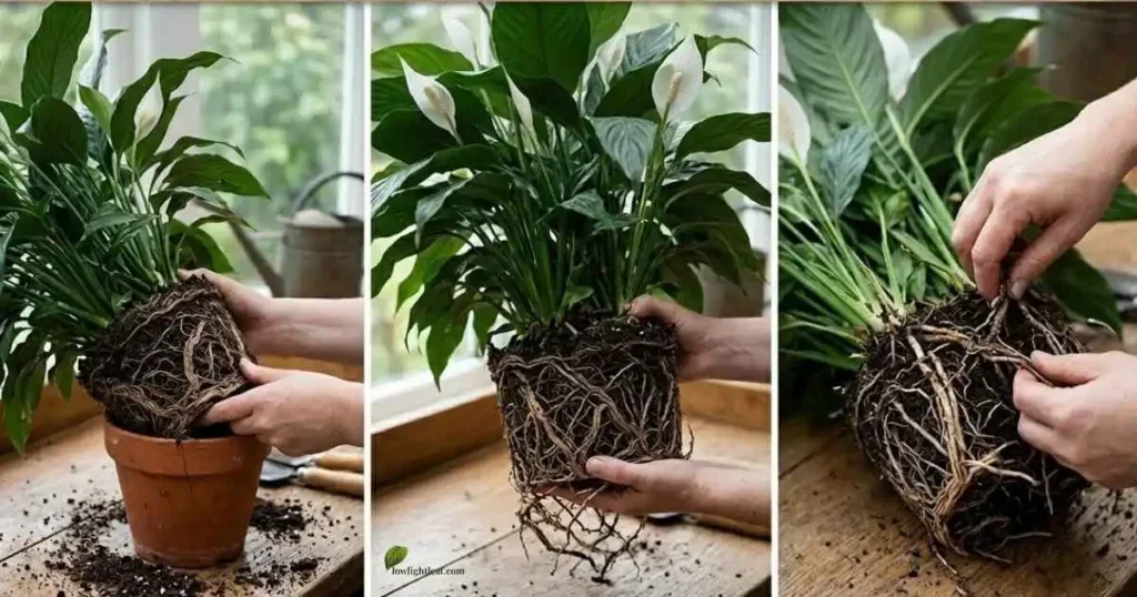 step by step peace lily propagation showing plant removal root separation and natural division process