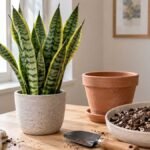 Snake plant beside a terracotta pot and a gritty soil mix blended with perlite