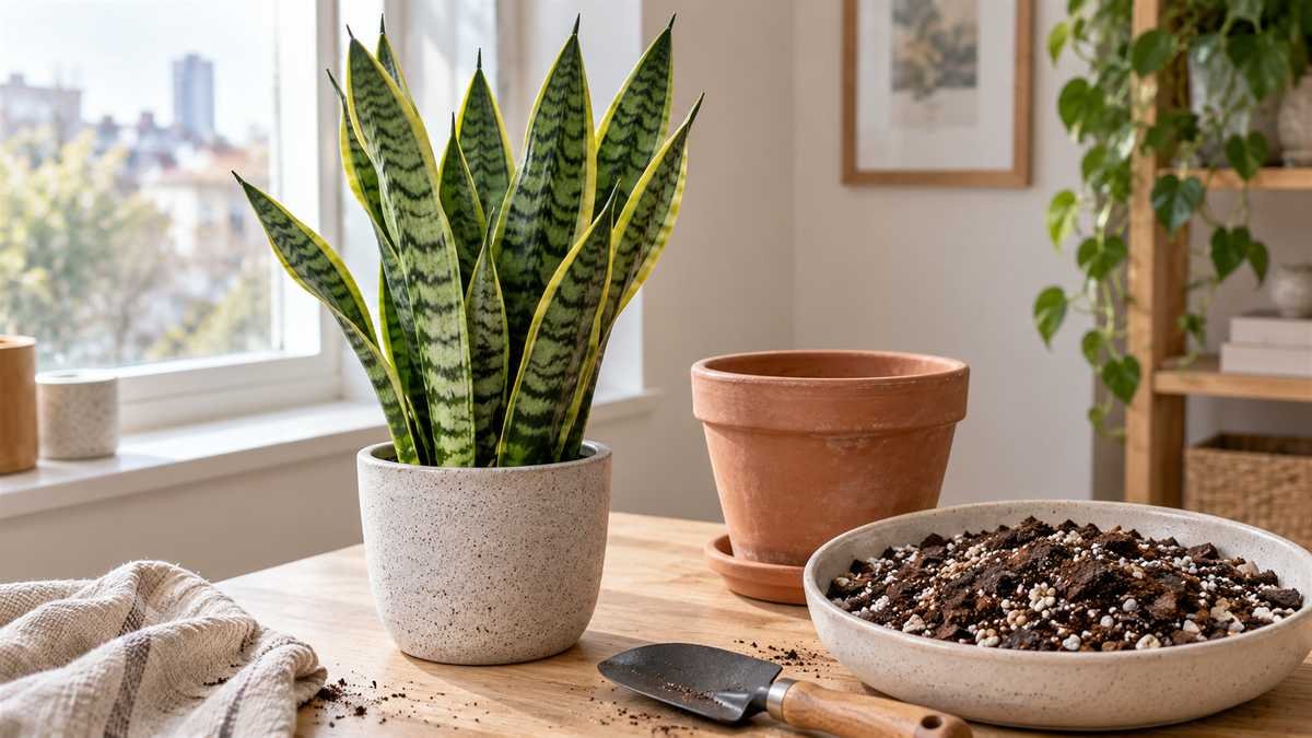 Snake plant beside a terracotta pot and a gritty soil mix blended with perlite