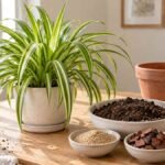 Spider plant beside potting mix, coarse sand, pine bark and an empty terracotta pot