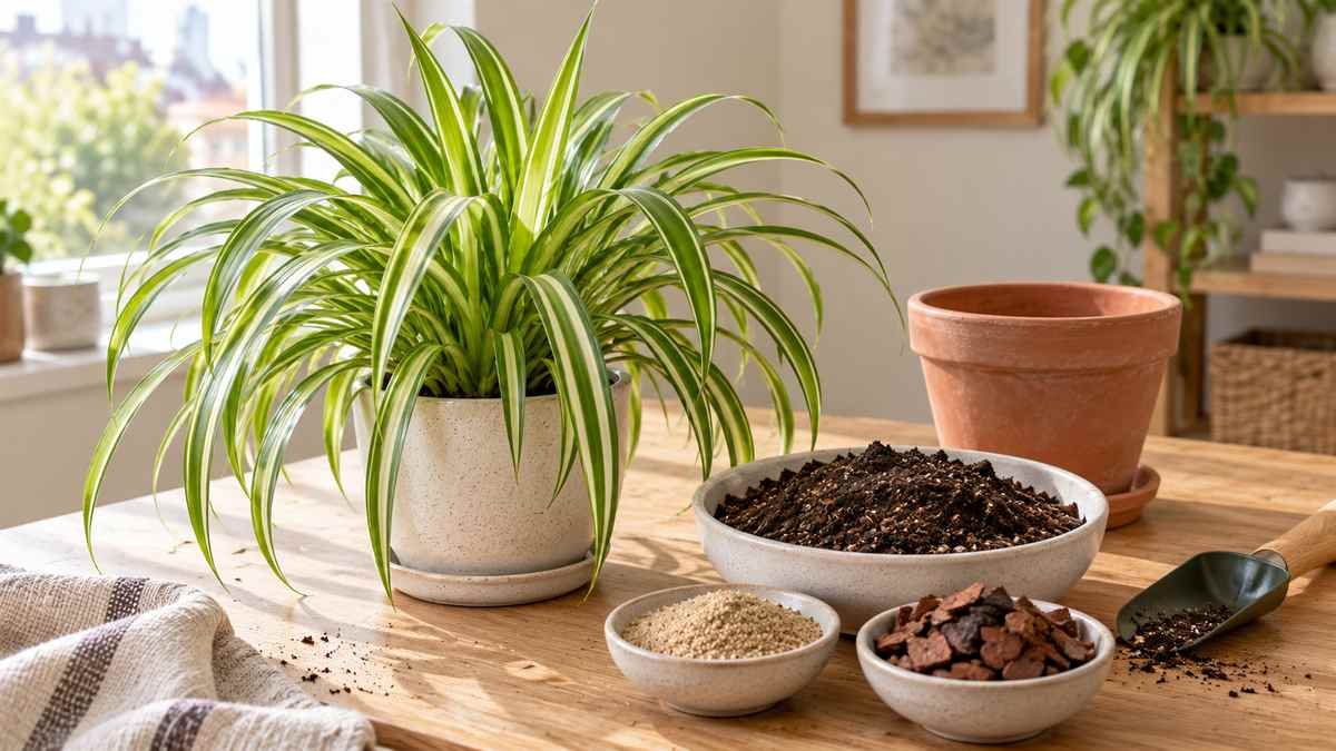 Spider plant beside potting mix, coarse sand, pine bark and an empty terracotta pot