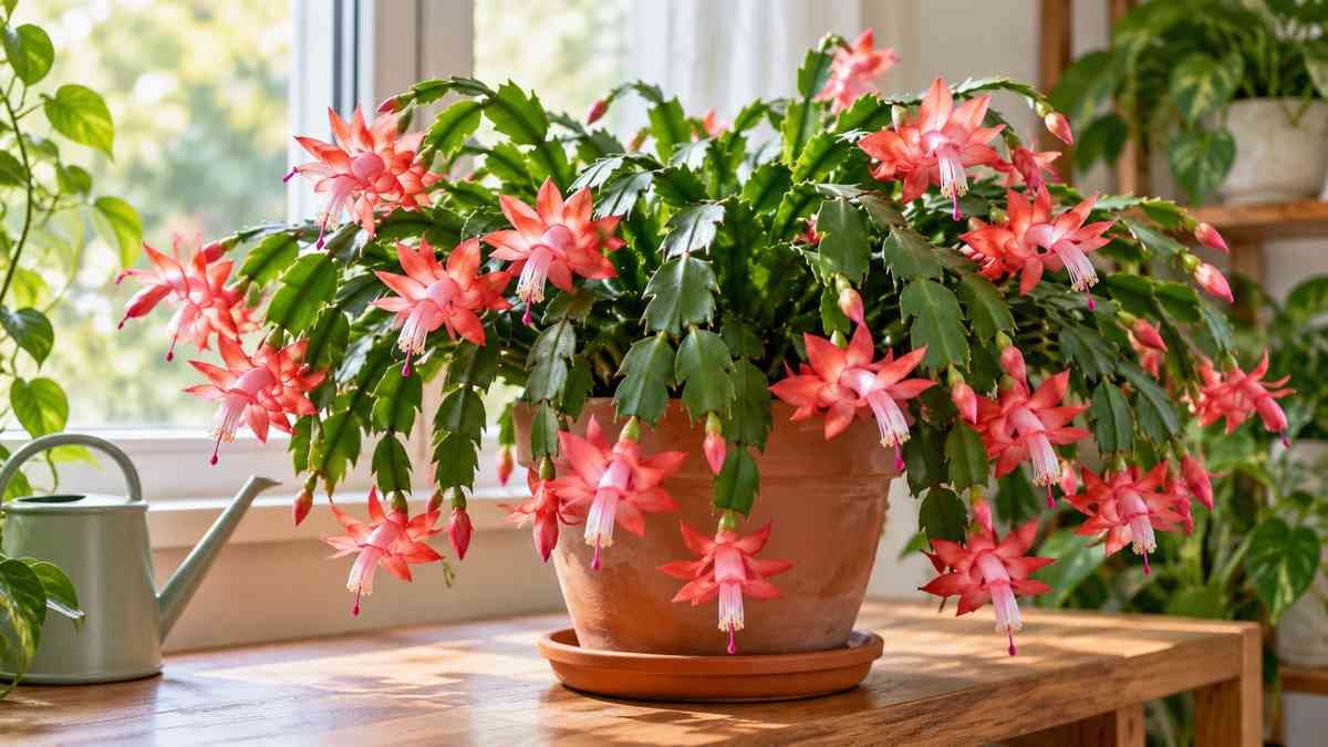 Flowering Christmas cactus in bright indirect light beside a watering can