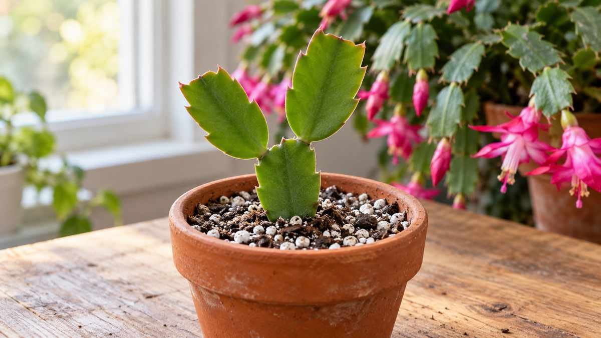 Three-segment Christmas cactus cutting planted upright in a small terracotta pot