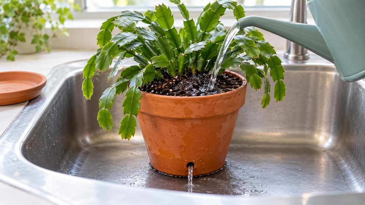 Watering a Christmas cactus in a sink while excess water drains from the pot