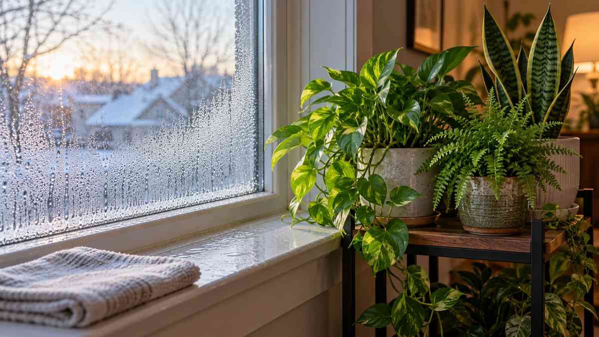 Winter condensation on a window with houseplants set back from the cold glass