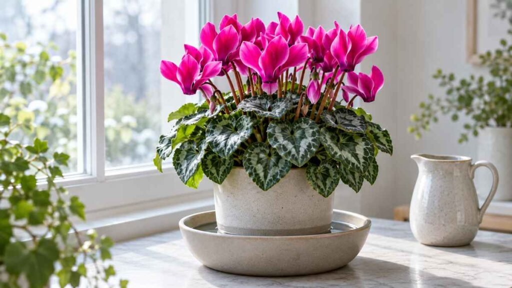 Pink florist cyclamen in bright indirect light being watered from below
