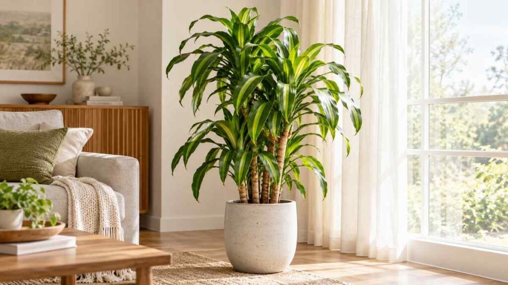 Mature corn plant dracaena growing beside a bright window in a living room
