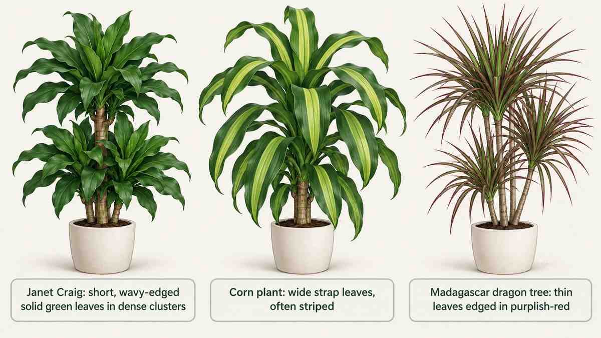 Three illustrated dracaenas labelled Janet Craig with short wavy solid green leaves, corn plant with wide striped strap leaves and Madagascar dragon tree with thin red-edged leaves