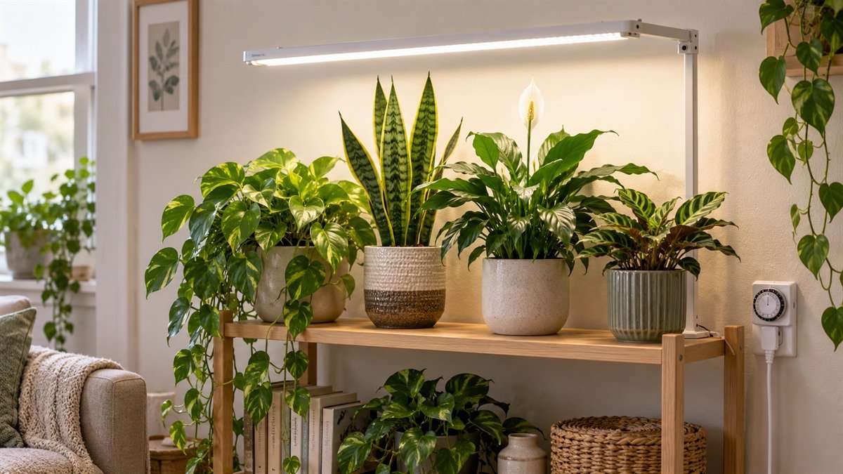 Indoor plants arranged beneath an adjustable full-spectrum LED grow light with a plug-in timer