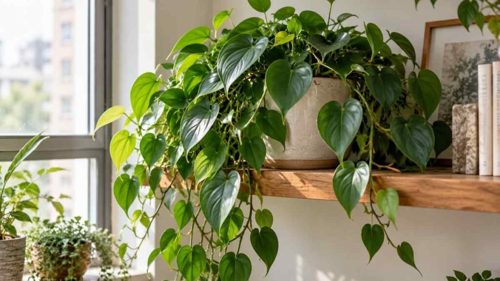 Mature heartleaf philodendron trailing beside a bright window