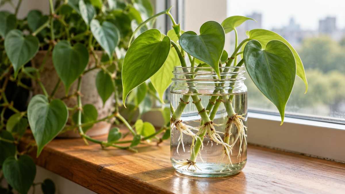 Heartleaf philodendron cuttings rooting in a glass jar of water