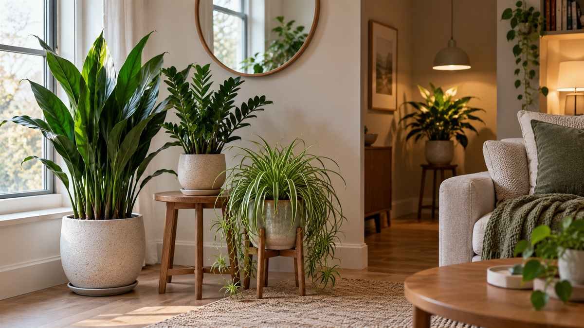 Low-light houseplants grouped beside a window with another plant under a pendant grow light